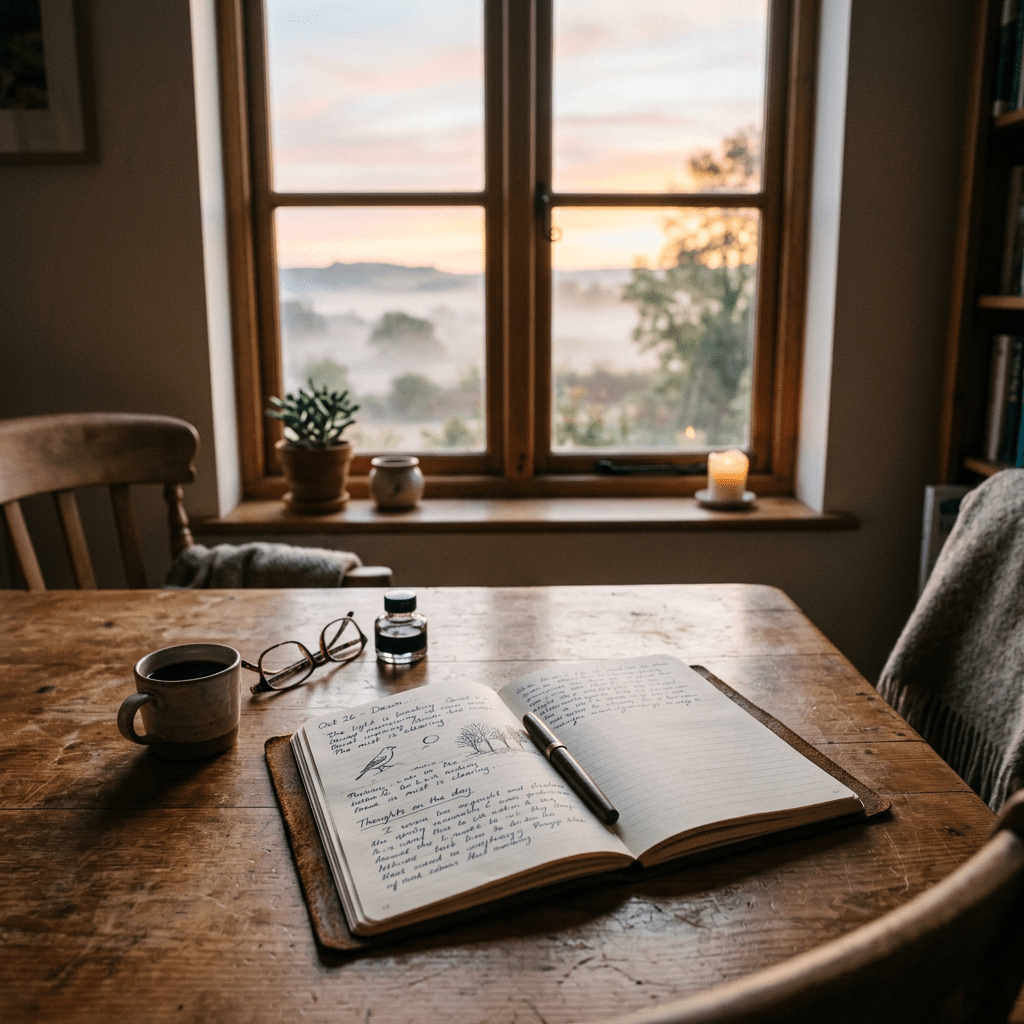 An open journal with handwritten notes and sketches on a wooden table with a pen, glasses, and a coffee cup beside it near a window showing a misty landscape